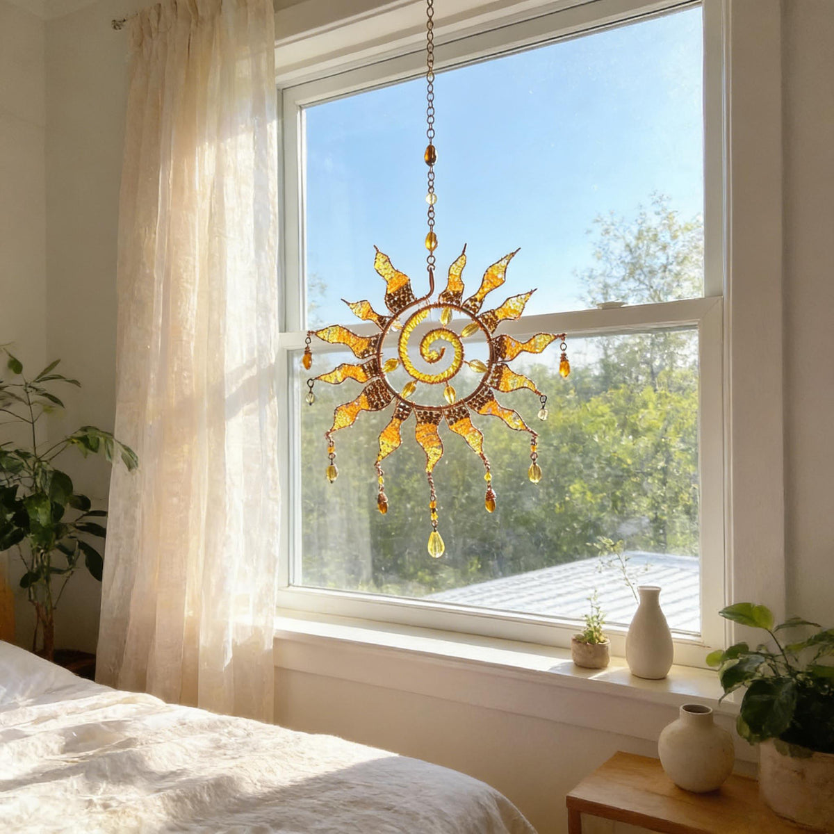 Sun Spiral Crystal Suncatcher – Handmade Boho Light Catcher